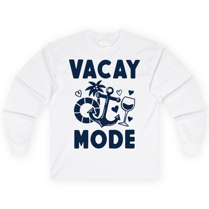 Vacay Mode Shirt - Cruise Vacation Top for Summer Getaways (Long Sleeve) in White - Vacay Mode Cruise Shirt - Anchor Palm Wine Lifebuoy Tropical Art Tee