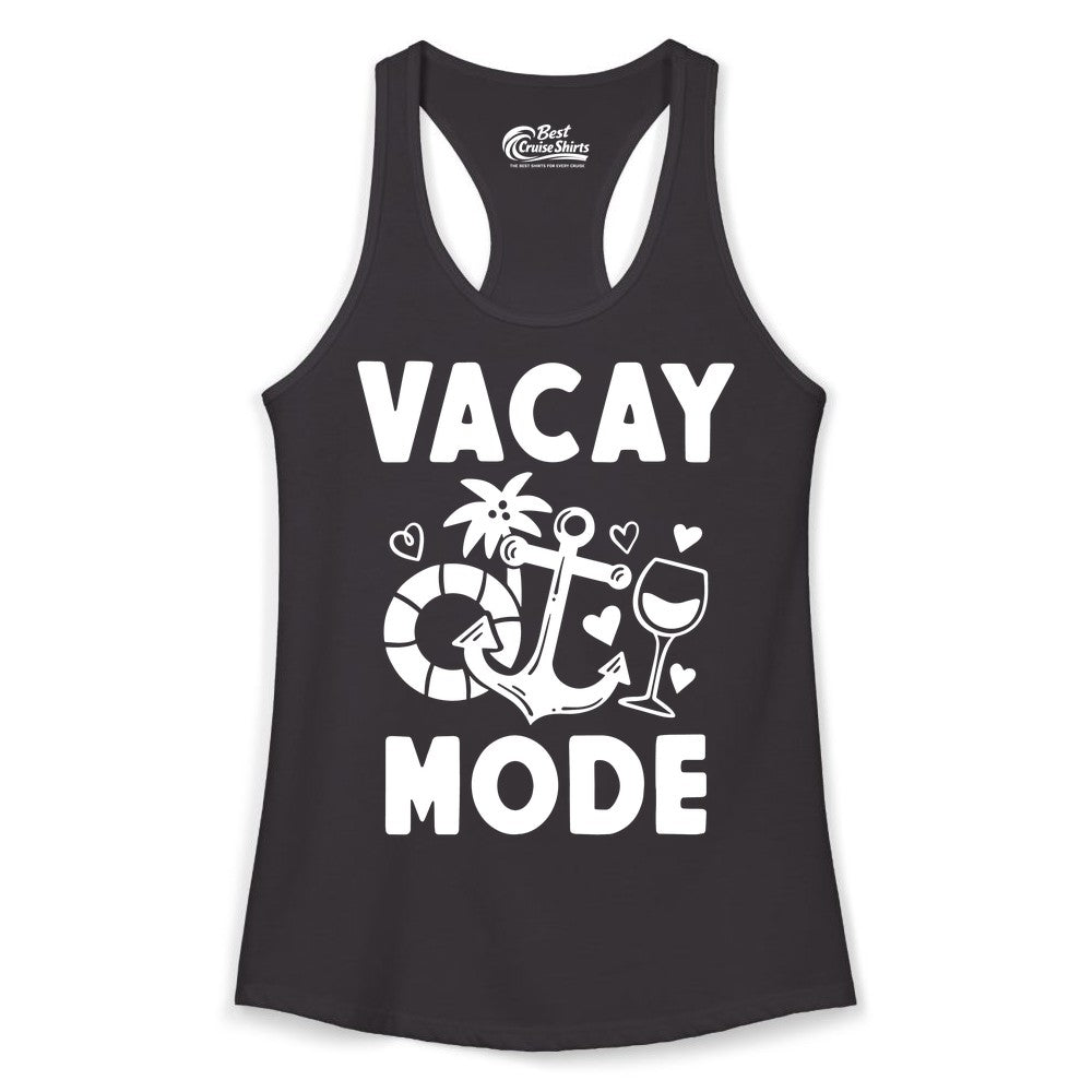 Vacay Mode Shirt - Cruise Vacation Top for Summer Getaways (Ladies Tank) in Black - Vacay Mode Cruise Shirt - Anchor Palm Wine Lifebuoy Tropical Art Tee