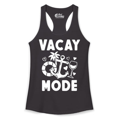 Vacay Mode Shirt - Cruise Vacation Top for Summer Getaways (Ladies Tank) in Black - Vacay Mode Cruise Shirt - Anchor Palm Wine Lifebuoy Tropical Art Tee