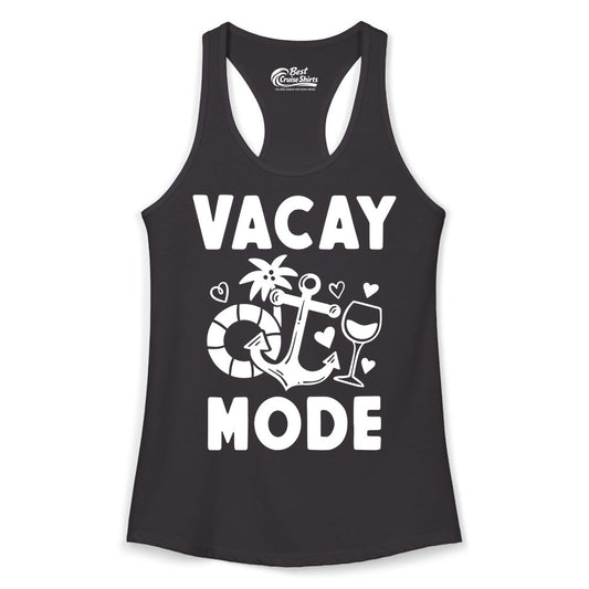 Vacay Mode Shirt - Cruise Vacation Top for Summer Getaways (Ladies Tank) in Black - Vacay Mode Cruise Shirt - Anchor Palm Wine Lifebuoy Tropical Art Tee
