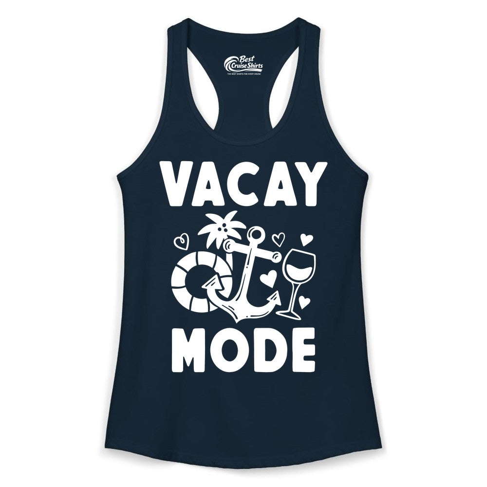 Vacay Mode Shirt - Cruise Vacation Top for Summer Getaways (Ladies Tank) in Solid Midnight Navy - Vacay Mode Cruise Shirt - Anchor Palm Wine Lifebuoy Tropical Art Tee
