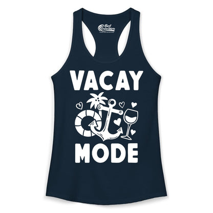 Vacay Mode Shirt - Cruise Vacation Top for Summer Getaways (Ladies Tank) in Solid Midnight Navy - Vacay Mode Cruise Shirt - Anchor Palm Wine Lifebuoy Tropical Art Tee
