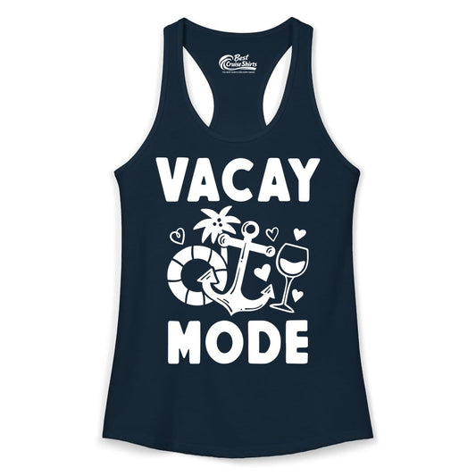 Vacay Mode Shirt - Cruise Vacation Top for Summer Getaways (Ladies Tank) in Solid Midnight Navy - Vacay Mode Cruise Shirt - Anchor Palm Wine Lifebuoy Tropical Art Tee