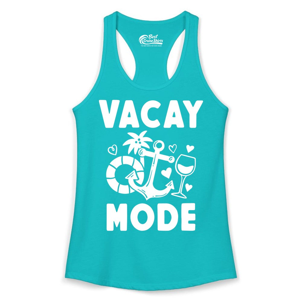 Vacay Mode Shirt - Cruise Vacation Top for Summer Getaways (Ladies Tank) in Tahiti Blue - Vacay Mode Cruise Shirt - Anchor Palm Wine Lifebuoy Tropical Art Tee