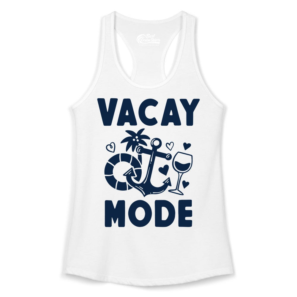 Vacay Mode Shirt - Cruise Vacation Top for Summer Getaways (Ladies Tank) in White - Vacay Mode Cruise Shirt - Anchor Palm Wine Lifebuoy Tropical Art Tee