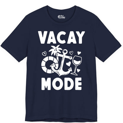 Vacay Mode Shirt - Cruise Vacation Top for Summer Getaways (Premium Tee) in Navy - Vacay Mode Cruise Shirt - Anchor Palm Wine Lifebuoy Tropical Art Tee