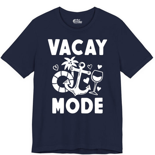 Vacay Mode Shirt - Cruise Vacation Top for Summer Getaways (Premium Tee) in Navy - Vacay Mode Cruise Shirt - Anchor Palm Wine Lifebuoy Tropical Art Tee