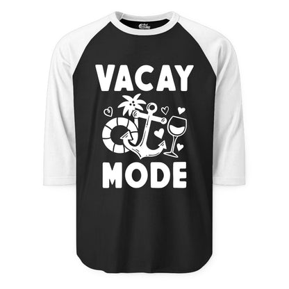 Vacay Mode Shirt - Cruise Vacation Top for Summer Getaways (Raglan) in BlackWhite - Vacay Mode Cruise Shirt - Anchor Palm Wine Lifebuoy Tropical Art Tee