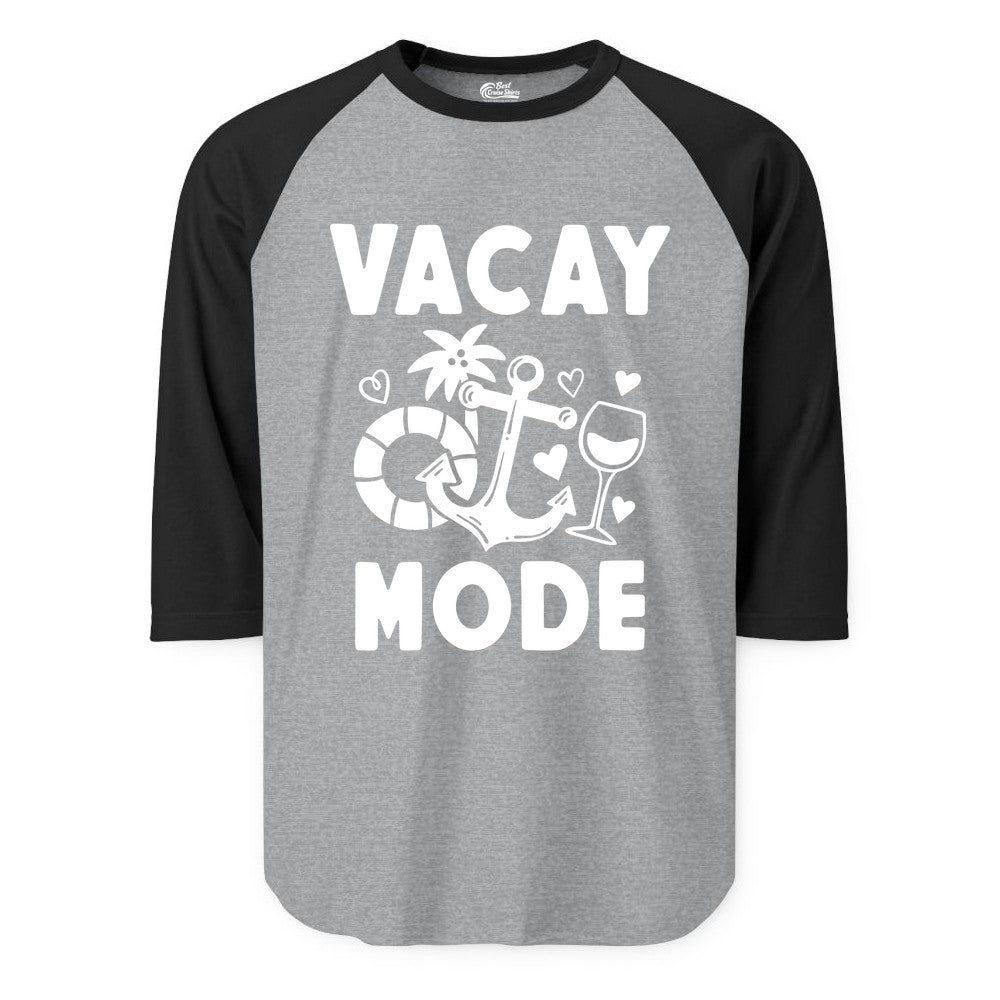 Vacay Mode Shirt - Cruise Vacation Top for Summer Getaways (Raglan) in Heather GreyBlack - Vacay Mode Cruise Shirt - Anchor Palm Wine Lifebuoy Tropical Art Tee