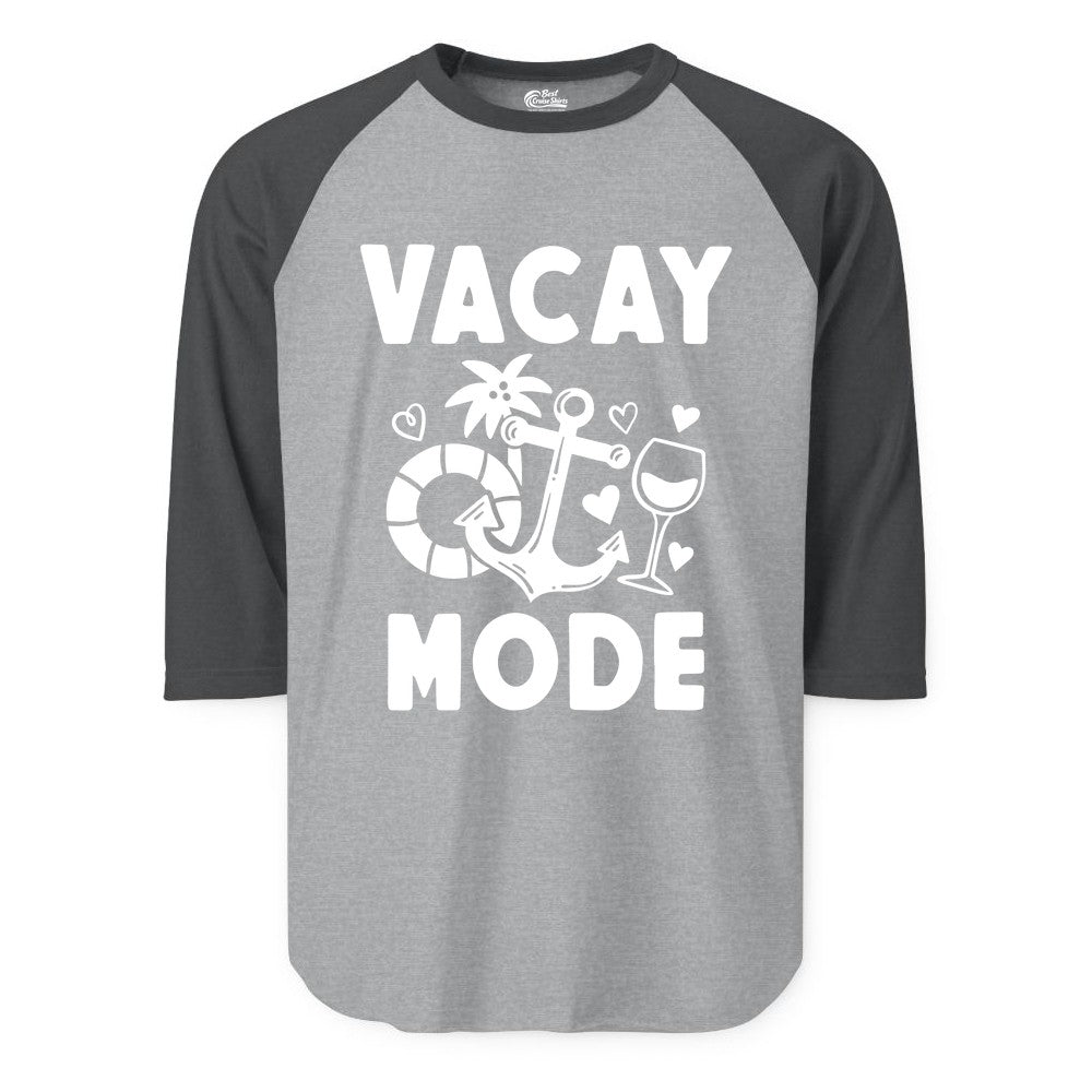 Vacay Mode Shirt - Cruise Vacation Top for Summer Getaways (Raglan) in Heather GreyHeather Charcoal - Vacay Mode Cruise Shirt - Anchor Palm Wine Lifebuoy Tropical Art Tee