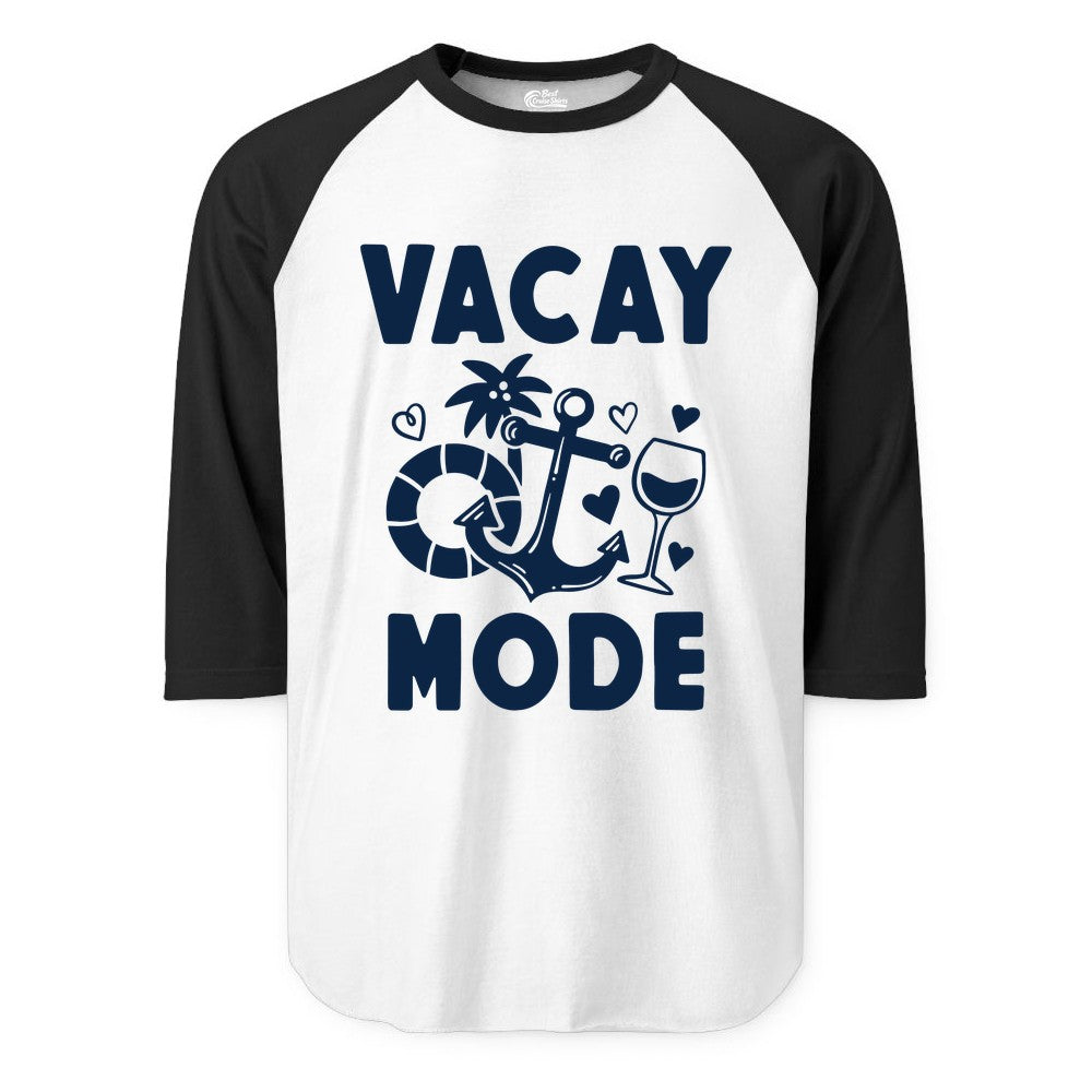 Vacay Mode Shirt - Cruise Vacation Top for Summer Getaways (Raglan) in WhiteBlack - Vacay Mode Cruise Shirt - Anchor Palm Wine Lifebuoy Tropical Art Tee