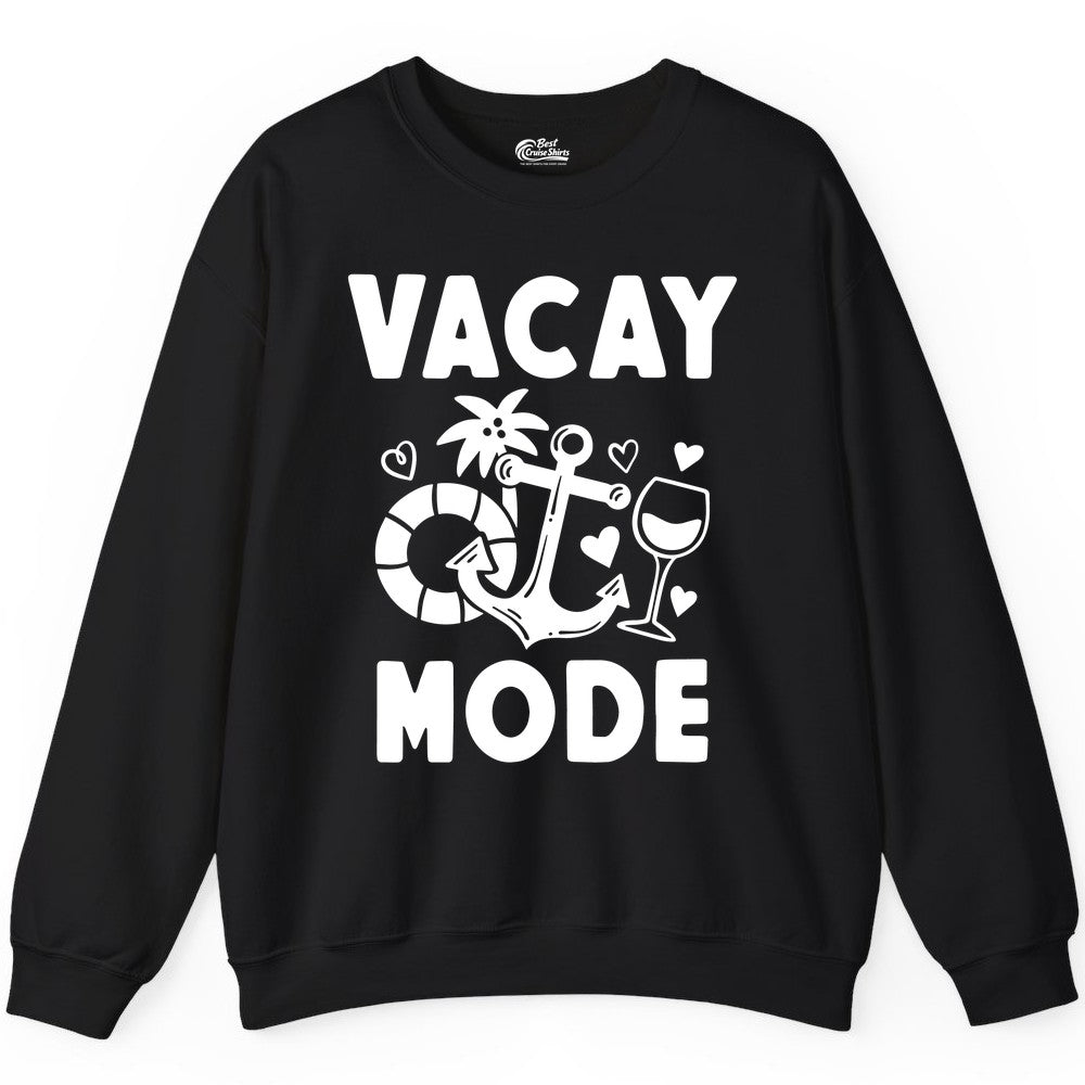 Vacay Mode Shirt - Cruise Vacation Top for Summer Getaways (Sweatshirt) in Black - Vacay Mode Cruise Shirt - Anchor Palm Wine Lifebuoy Tropical Art Tee