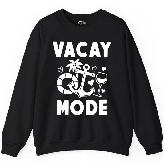 Vacay Mode Shirt - Cruise Vacation Top for Summer Getaways (Sweatshirt) in Black - Vacay Mode Cruise Shirt - Anchor Palm Wine Lifebuoy Tropical Art Tee