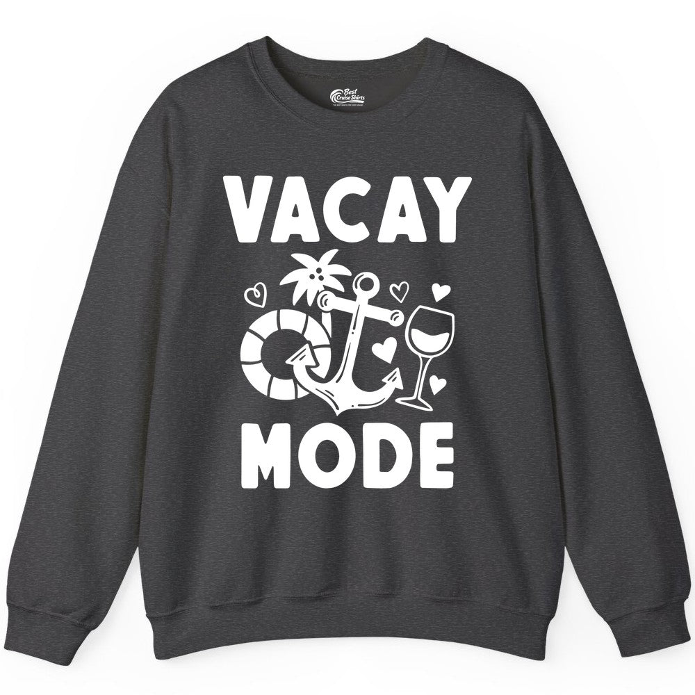 Vacay Mode Shirt - Cruise Vacation Top for Summer Getaways (Sweatshirt) in Dark Heather - Vacay Mode Cruise Shirt - Anchor Palm Wine Lifebuoy Tropical Art Tee
