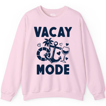 Vacay Mode Shirt - Cruise Vacation Top for Summer Getaways (Sweatshirt) in Light Pink - Vacay Mode Cruise Shirt - Anchor Palm Wine Lifebuoy Tropical Art Tee