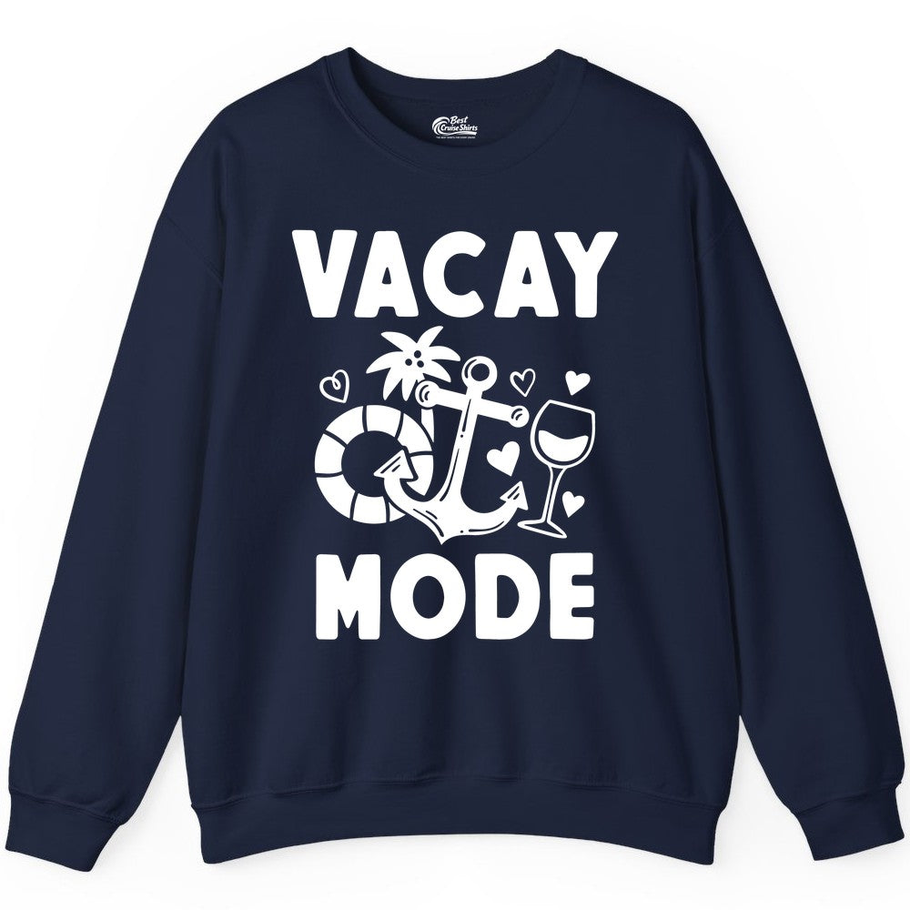 Vacay Mode Shirt - Cruise Vacation Top for Summer Getaways (Sweatshirt) in Navy - Vacay Mode Cruise Shirt - Anchor Palm Wine Lifebuoy Tropical Art Tee