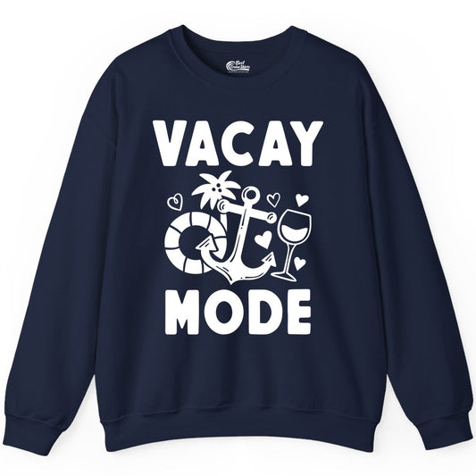 Vacay Mode Shirt - Cruise Vacation Top for Summer Getaways (Sweatshirt) in Navy - Vacay Mode Cruise Shirt - Anchor Palm Wine Lifebuoy Tropical Art Tee