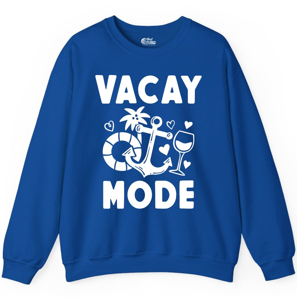 Vacay Mode Shirt - Cruise Vacation Top for Summer Getaways (Sweatshirt) in Royal - Vacay Mode Cruise Shirt - Anchor Palm Wine Lifebuoy Tropical Art Tee