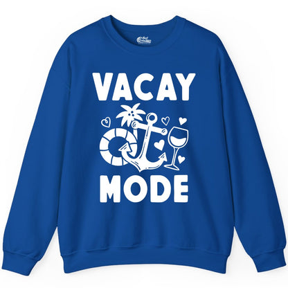 Vacay Mode Shirt - Cruise Vacation Top for Summer Getaways (Sweatshirt) in Royal - Vacay Mode Cruise Shirt - Anchor Palm Wine Lifebuoy Tropical Art Tee