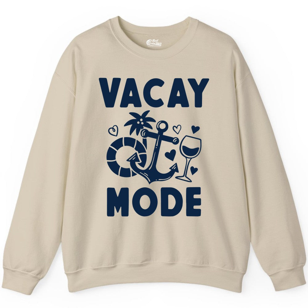 Vacay Mode Shirt - Cruise Vacation Top for Summer Getaways (Sweatshirt) in Sand - Vacay Mode Cruise Shirt - Anchor Palm Wine Lifebuoy Tropical Art Tee