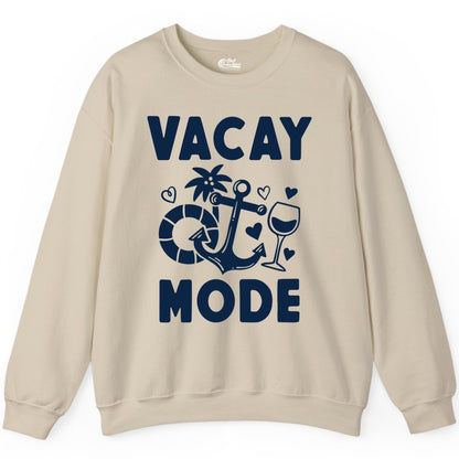 Vacay Mode Shirt - Cruise Vacation Top for Summer Getaways (Sweatshirt) in Sand - Vacay Mode Cruise Shirt - Anchor Palm Wine Lifebuoy Tropical Art Tee