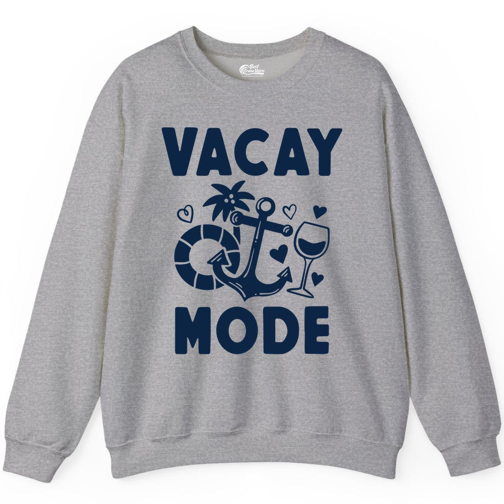 Vacay Mode Shirt - Cruise Vacation Top for Summer Getaways (Sweatshirt) in Sport Grey - Vacay Mode Cruise Shirt - Anchor Palm Wine Lifebuoy Tropical Art Tee