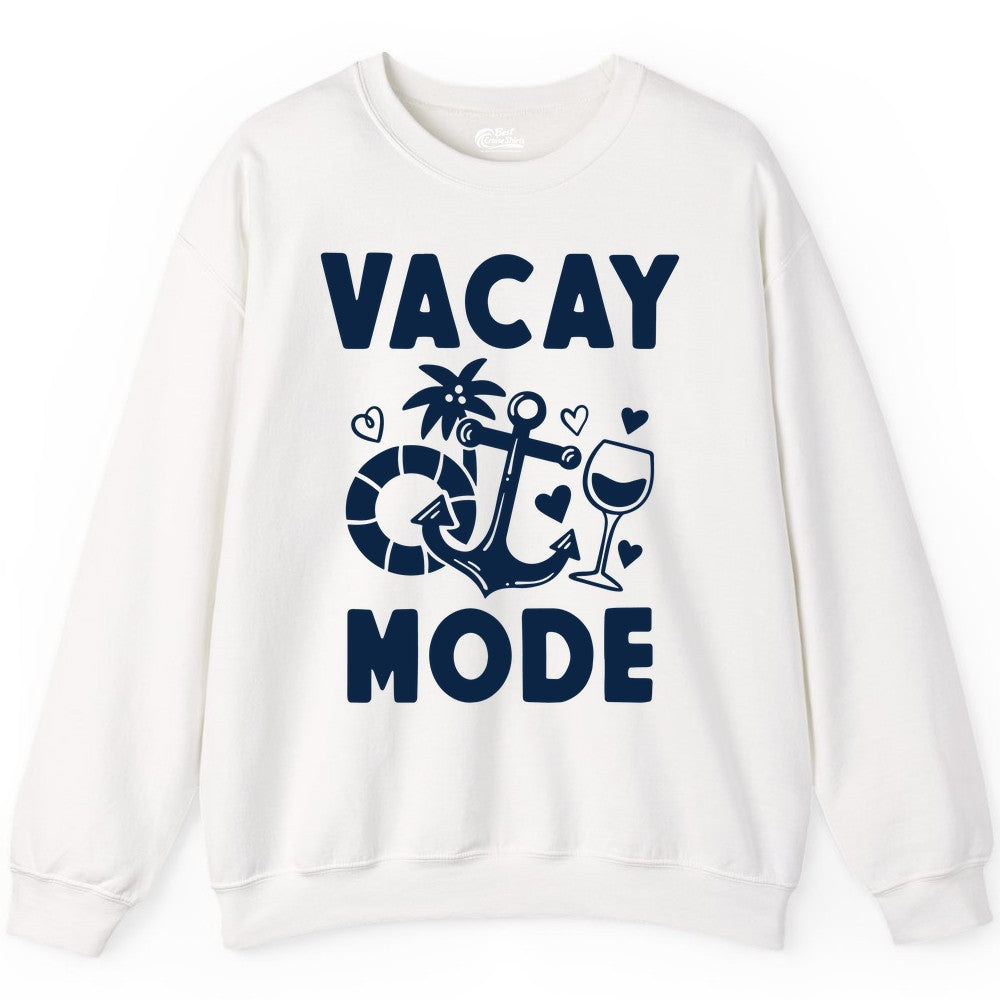 Vacay Mode Shirt - Cruise Vacation Top for Summer Getaways (Sweatshirt) in White - Vacay Mode Cruise Shirt - Anchor Palm Wine Lifebuoy Tropical Art Tee
