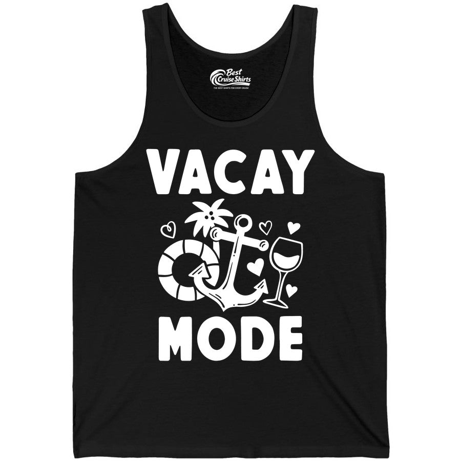 Vacay Mode Shirt - Cruise Vacation Top for Summer Getaways (Tank Top) in Black - Vacay Mode Cruise Shirt - Anchor Palm Wine Lifebuoy Tropical Art Tee
