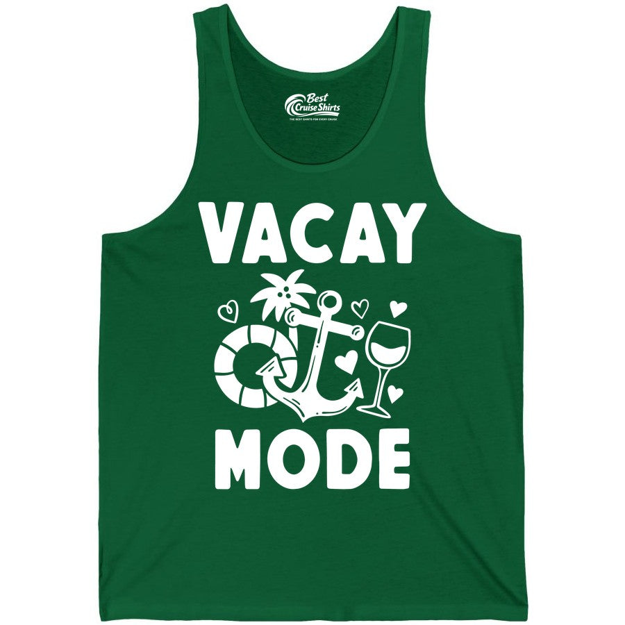 Vacay Mode Shirt - Cruise Vacation Top for Summer Getaways (Tank Top) in Kelly - Vacay Mode Cruise Shirt - Anchor Palm Wine Lifebuoy Tropical Art Tee
