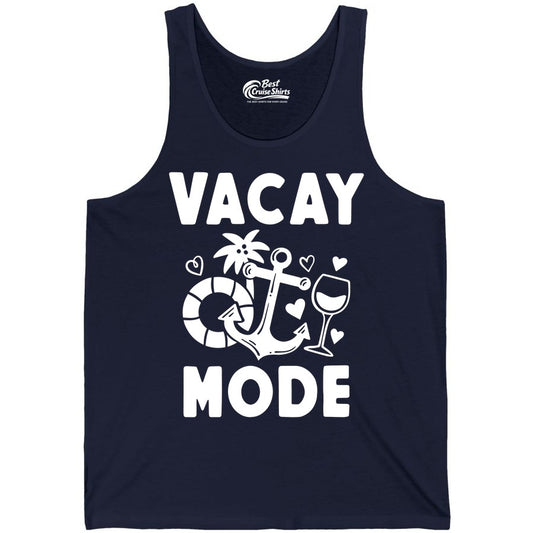 Vacay Mode Shirt - Cruise Vacation Top for Summer Getaways (Tank Top) in Navy - Vacay Mode Cruise Shirt - Anchor Palm Wine Lifebuoy Tropical Art Tee