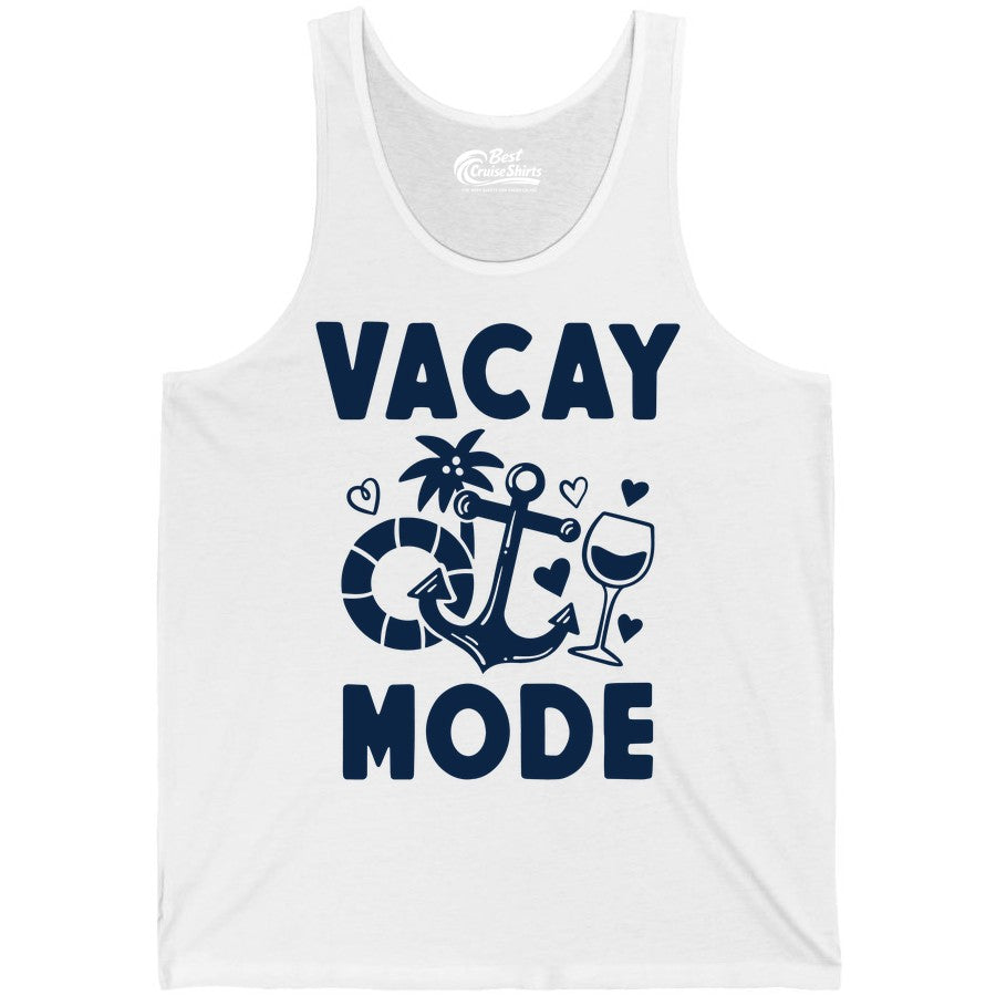 Vacay Mode Shirt - Cruise Vacation Top for Summer Getaways (Tank Top) in White - Vacay Mode Cruise Shirt - Anchor Palm Wine Lifebuoy Tropical Art Tee