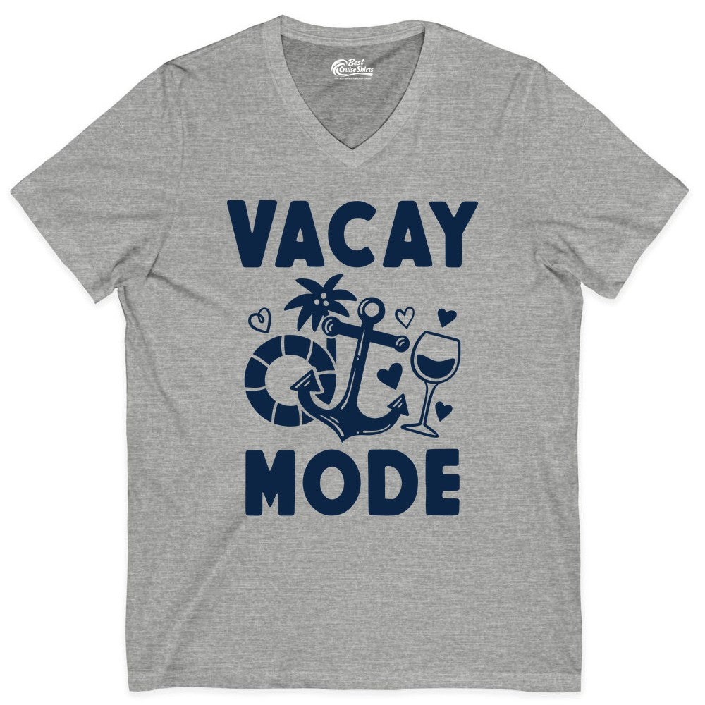 Vacay Mode Shirt - Cruise Vacation Top for Summer Getaways (V-Neck) in Athletic Heather - Vacay Mode Cruise Shirt - Anchor Palm Wine Lifebuoy Tropical Art Tee