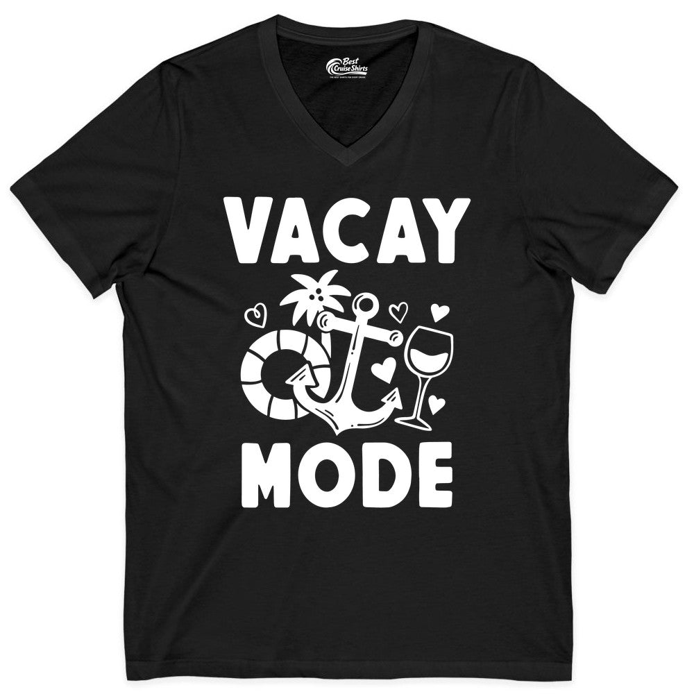 Vacay Mode Shirt - Cruise Vacation Top for Summer Getaways (V-Neck) in Black - Vacay Mode Cruise Shirt - Anchor Palm Wine Lifebuoy Tropical Art Tee