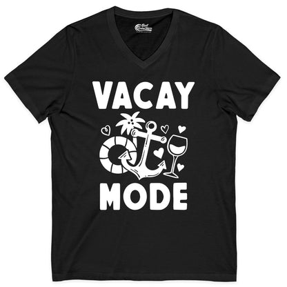Vacay Mode Shirt - Cruise Vacation Top for Summer Getaways (V-Neck) in Black - Vacay Mode Cruise Shirt - Anchor Palm Wine Lifebuoy Tropical Art Tee