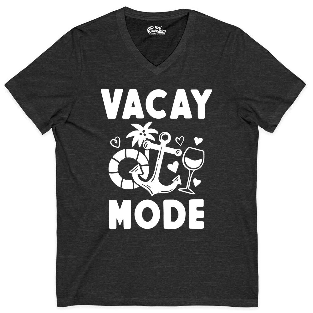 Vacay Mode Shirt - Cruise Vacation Top for Summer Getaways (V-Neck) in Dark Grey Heather - Vacay Mode Cruise Shirt - Anchor Palm Wine Lifebuoy Tropical Art Tee