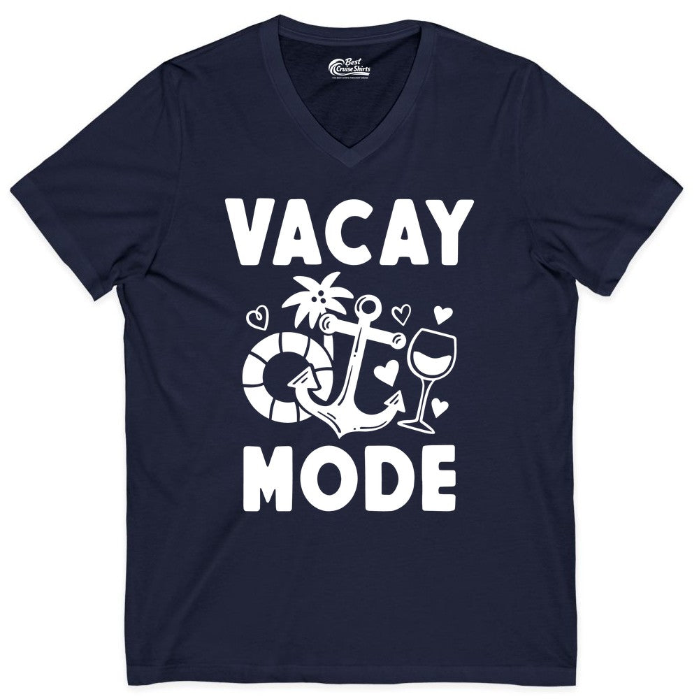 Vacay Mode Shirt - Cruise Vacation Top for Summer Getaways (V-Neck) in Navy - Vacay Mode Cruise Shirt - Anchor Palm Wine Lifebuoy Tropical Art Tee