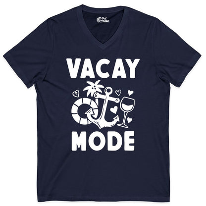 Vacay Mode Shirt - Cruise Vacation Top for Summer Getaways (V-Neck) in Navy - Vacay Mode Cruise Shirt - Anchor Palm Wine Lifebuoy Tropical Art Tee