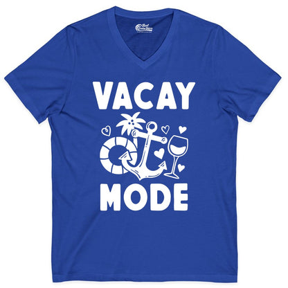 Vacay Mode Shirt - Cruise Vacation Top for Summer Getaways (V-Neck) in True Royal - Vacay Mode Cruise Shirt - Anchor Palm Wine Lifebuoy Tropical Art Tee