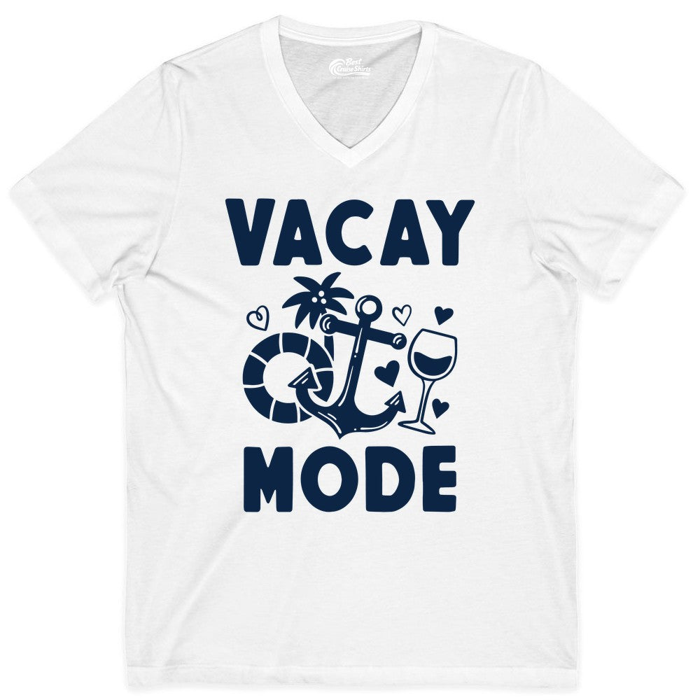 Vacay Mode Shirt - Cruise Vacation Top for Summer Getaways (V-Neck) in White - Vacay Mode Cruise Shirt - Anchor Palm Wine Lifebuoy Tropical Art Tee