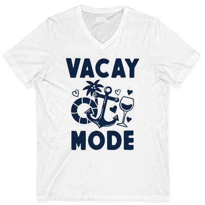 Vacay Mode Shirt - Cruise Vacation Top for Summer Getaways (V-Neck) in White - Vacay Mode Cruise Shirt - Anchor Palm Wine Lifebuoy Tropical Art Tee