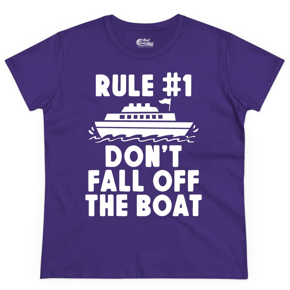 Funny Cruise Shirt - Humorous Cruise Rule Tee for Vacation Trips (Ladies Tee) in Purple - Rule Number One Don’t Fall Off The Boat Funny Cruise Shirt