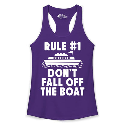 Funny Cruise Shirt - Humorous Cruise Rule Tee for Vacation Trips (Ladies Tank) in Solid Purple Rush - Rule Number One Don’t Fall Off The Boat Funny Cruise Shirt