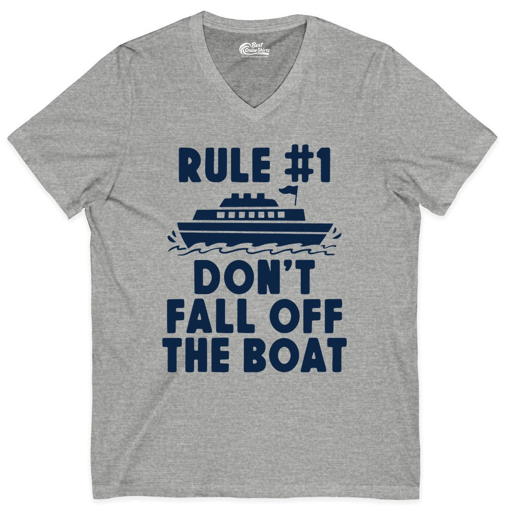 Funny Cruise Shirt - Humorous Cruise Rule Tee for Vacation Trips (V-Neck) in Athletic Heather - Rule Number One Don’t Fall Off The Boat Funny Cruise Shirt