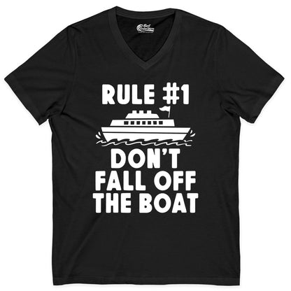 Funny Cruise Shirt - Humorous Cruise Rule Tee for Vacation Trips (V-Neck) in Black - Rule Number One Don’t Fall Off The Boat Funny Cruise Shirt