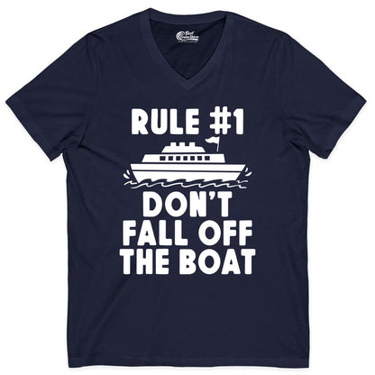 Funny Cruise Shirt - Humorous Cruise Rule Tee for Vacation Trips (V-Neck) in Navy - Rule Number One Don’t Fall Off The Boat Funny Cruise Shirt