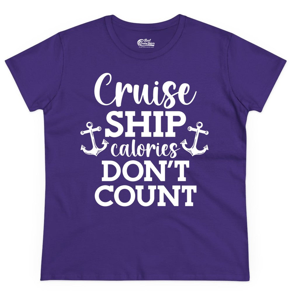 Cruise Ship Shirt - Funny Cruise Calories Don't Count Anchor Tee (Ladies Tee) in Purple - Cruise Ship Calories Don’t Count Shirt with Anchors Funny Nautical