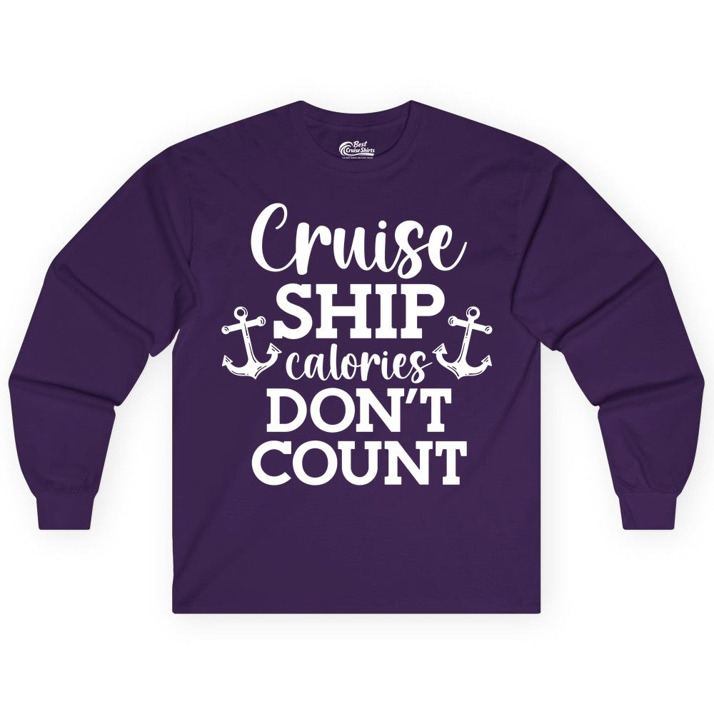 Cruise Ship Shirt - Funny Cruise Calories Don't Count Anchor Tee (Long Sleeve) in Purple - Cruise Ship Calories Don’t Count Shirt with Anchors Funny Nautical