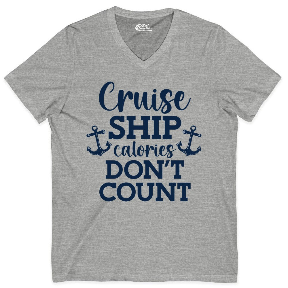 Cruise Ship Shirt - Funny Cruise Calories Don't Count Anchor Tee (V-Neck) in Athletic Heather - Cruise Ship Calories Don’t Count Shirt with Anchors Funny Nautical