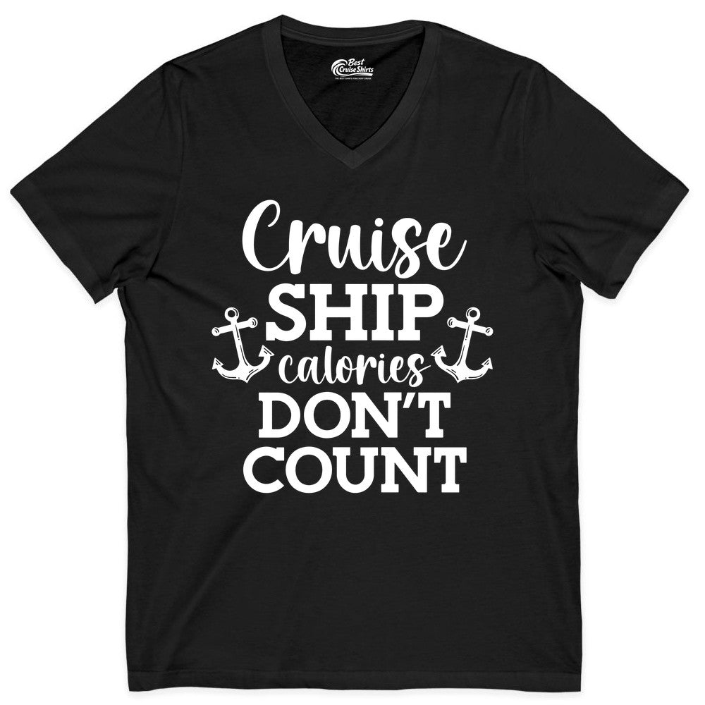 Cruise Ship Shirt - Funny Cruise Calories Don't Count Anchor Tee (V-Neck) in Black - Cruise Ship Calories Don’t Count Shirt with Anchors Funny Nautical