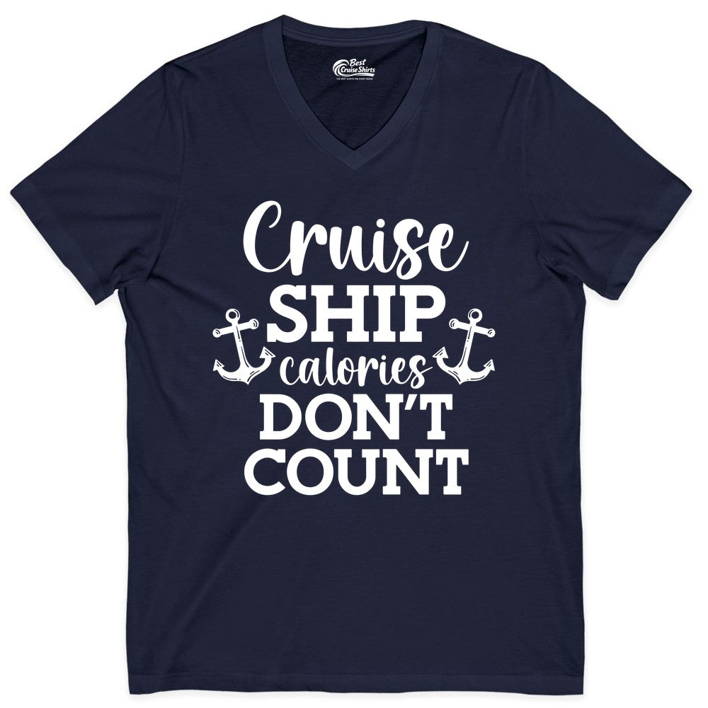 Cruise Ship Shirt - Funny Cruise Calories Don't Count Anchor Tee (V-Neck) in Navy - Cruise Ship Calories Don’t Count Shirt with Anchors Funny Nautical